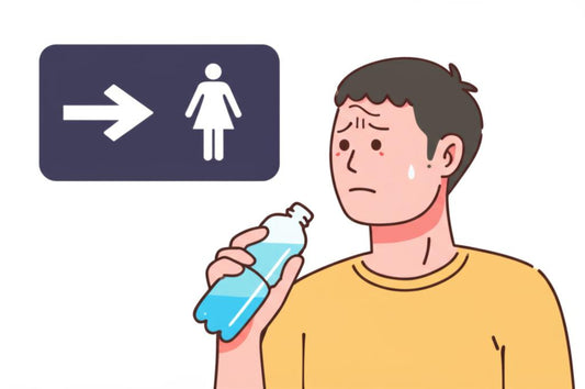 一位帶著些微擔憂表情的人,手持水瓶,望向洗手間標誌,暗示喝水後急需如廁的感受。