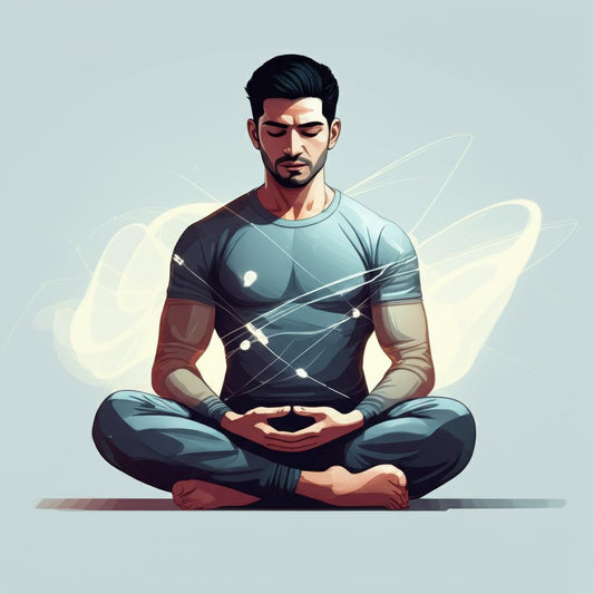 一位男性處於冥想或專注的姿態,周圍環繞著抽象的能量線條,傳達自我控制與內在力量的感覺。