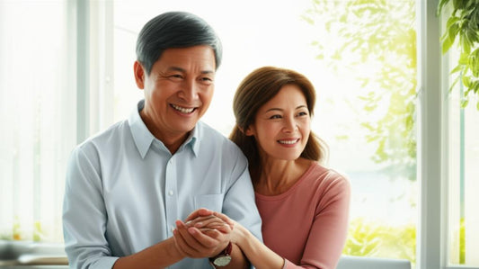 一對健康快樂的年長夫婦溫馨擁抱或牽手,在溫暖宜人的環境中,展現他們的連結、活力與幸福感。