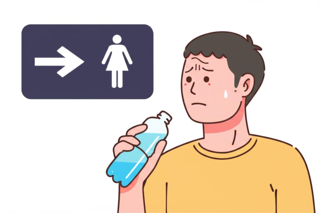 一位帶著些微擔憂表情的人，手持水瓶，望向洗手間標誌，暗示喝水後急需如廁的感受。