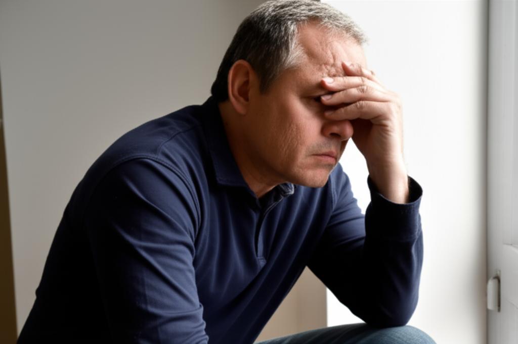 男性獨自思考性困擾的焦慮神情